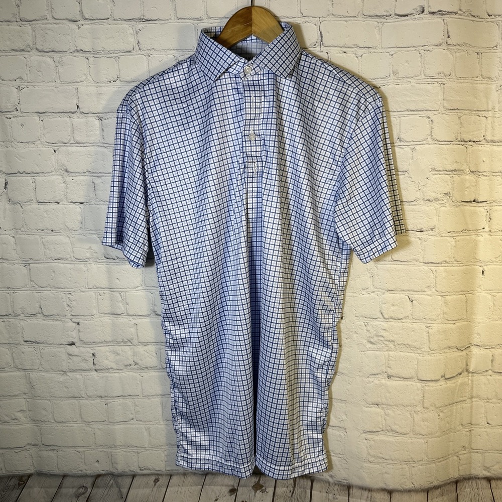 NEW Collars & Co. Dress Polo Collar Shirt Medium Blue Tattersall  Golf Stretch